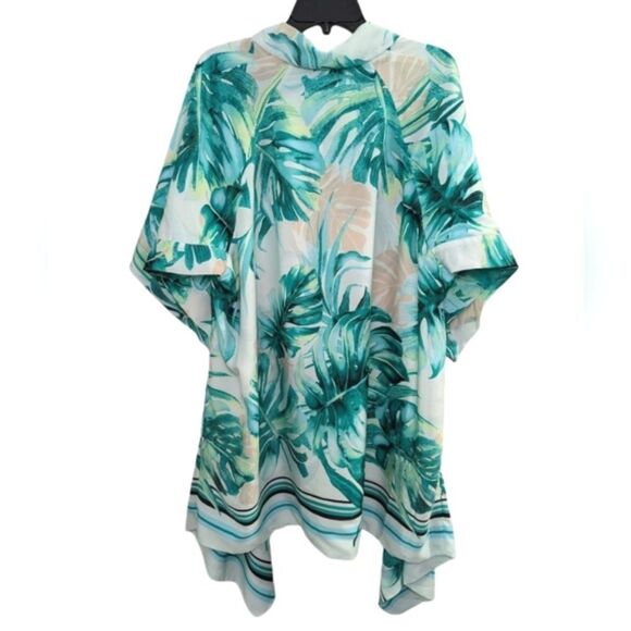 Chicos black label green white palm print open front kimono top coverup M/L - Picture 4 of 8